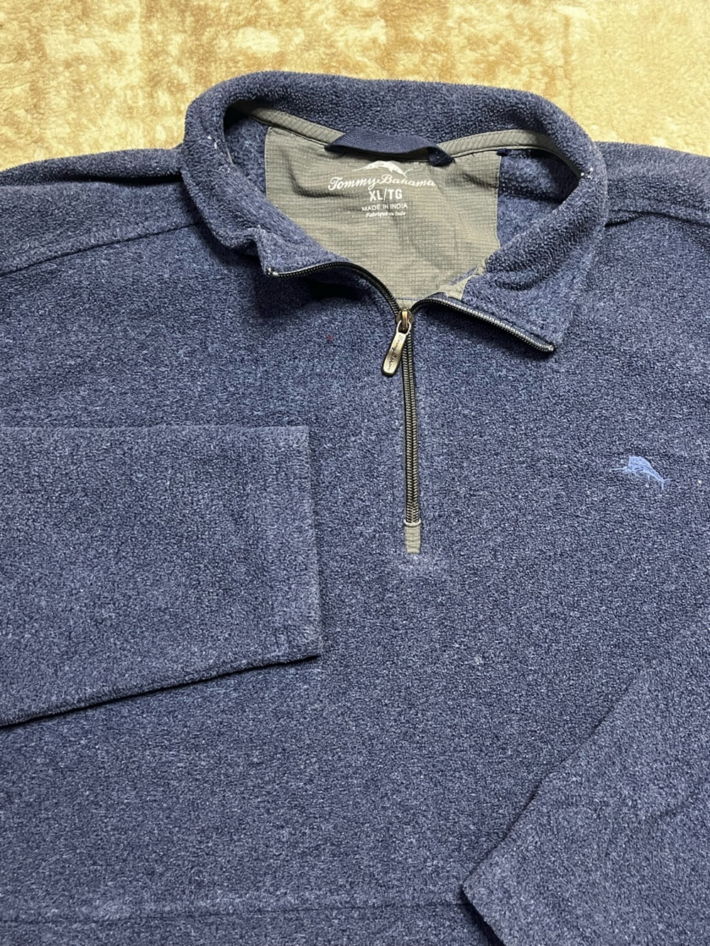 Tommy Bahama Mens XL Blue Fleece Quarter Zip Pullover Sweatshirt Pocket Logo XL